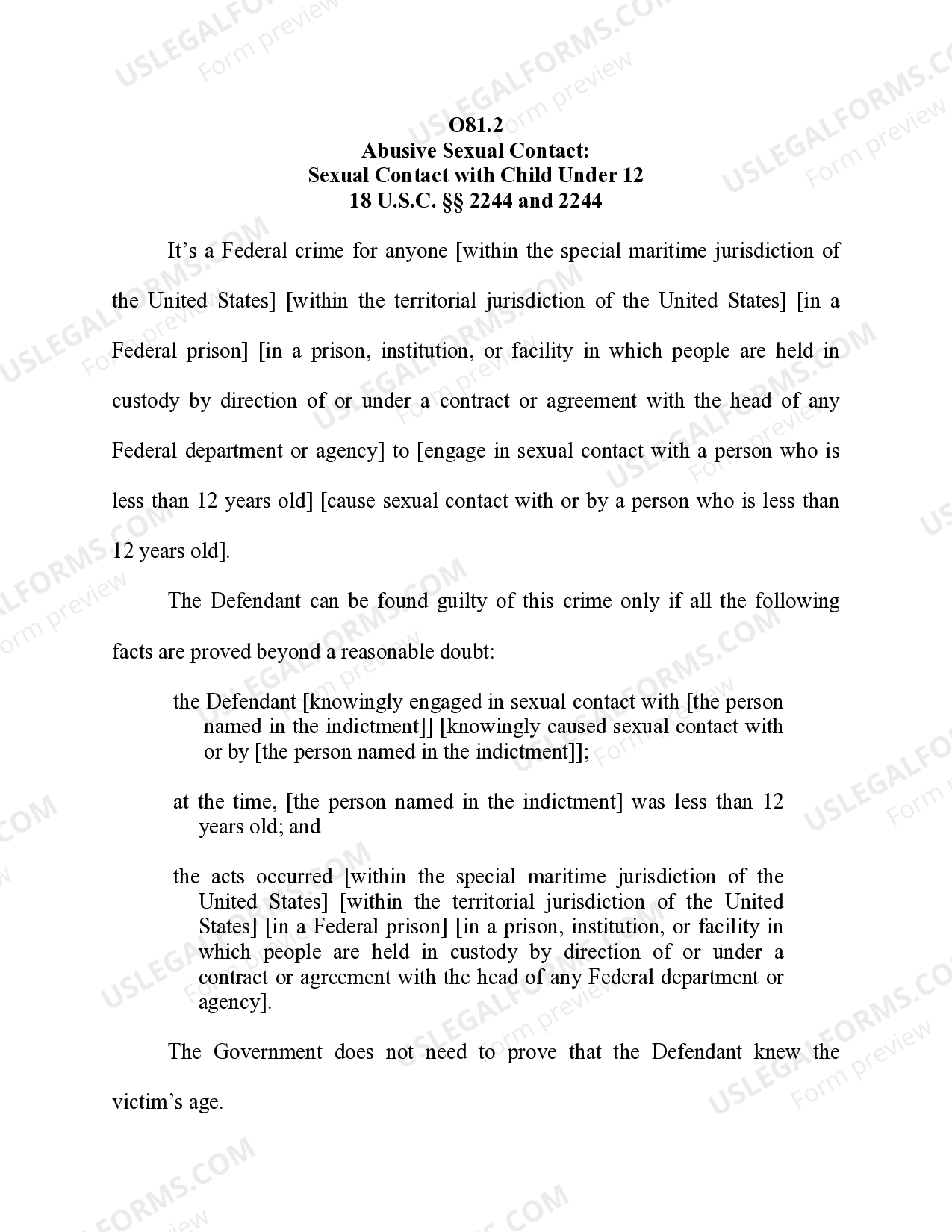 Abusive Sexual Contact Sexual Contact with Child Under 12 US Legal Forms