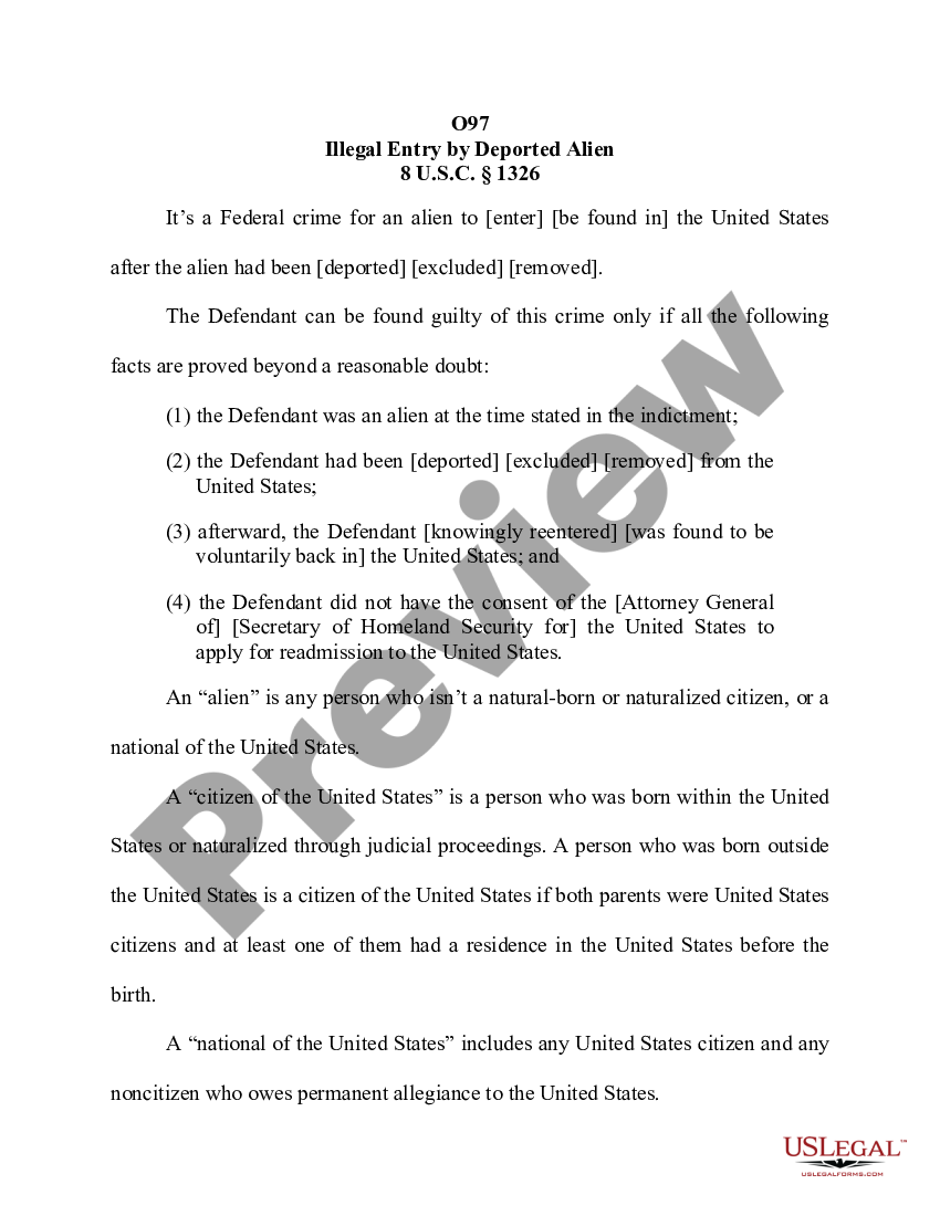 Illegal Entry By Deported Alien 8 U.S.C. Sec. 1326 | US Legal Forms