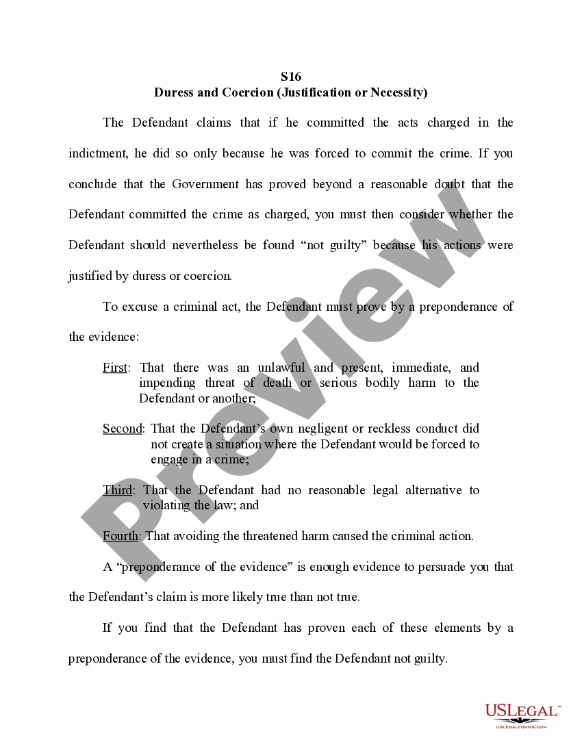 Duress and Coercion (Justification or Necessity) US Legal Forms