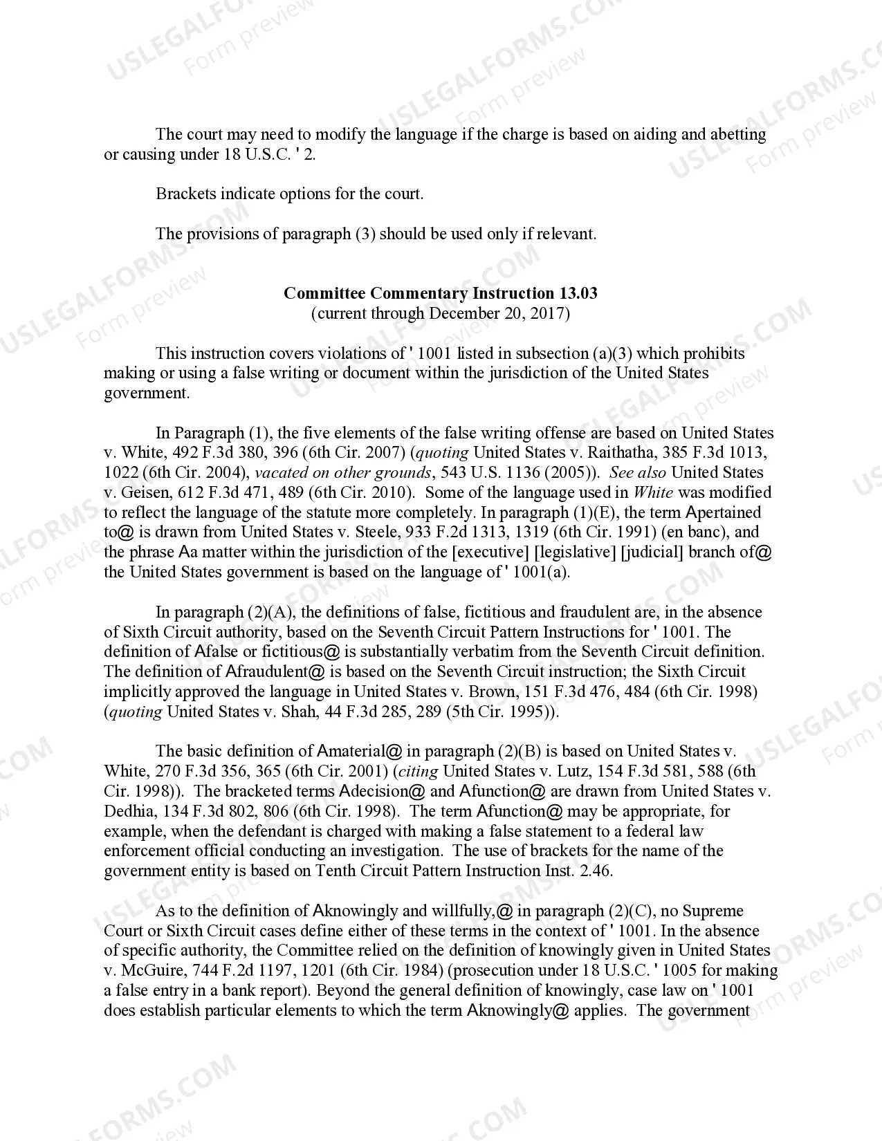 Preview MAKING OR USING A FALSE WRITING IN A MATTER WITHIN THE JURISDICTION OF THE UNITED STATES GOVERNMENT