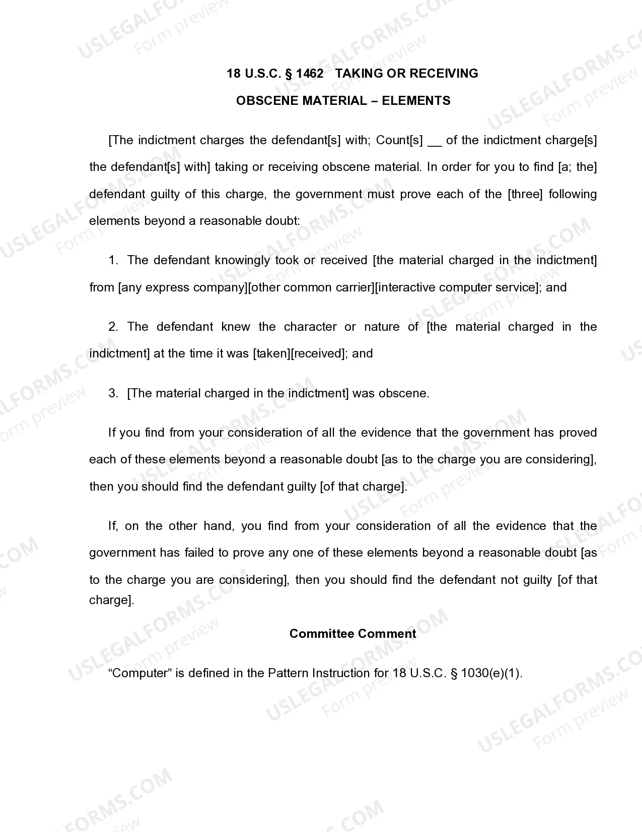 Preview 18 U.S.C. Sec. 1462 BRINGING OBSCENE MATERIAL INTO THE UNITED STATES - ELEMENTS