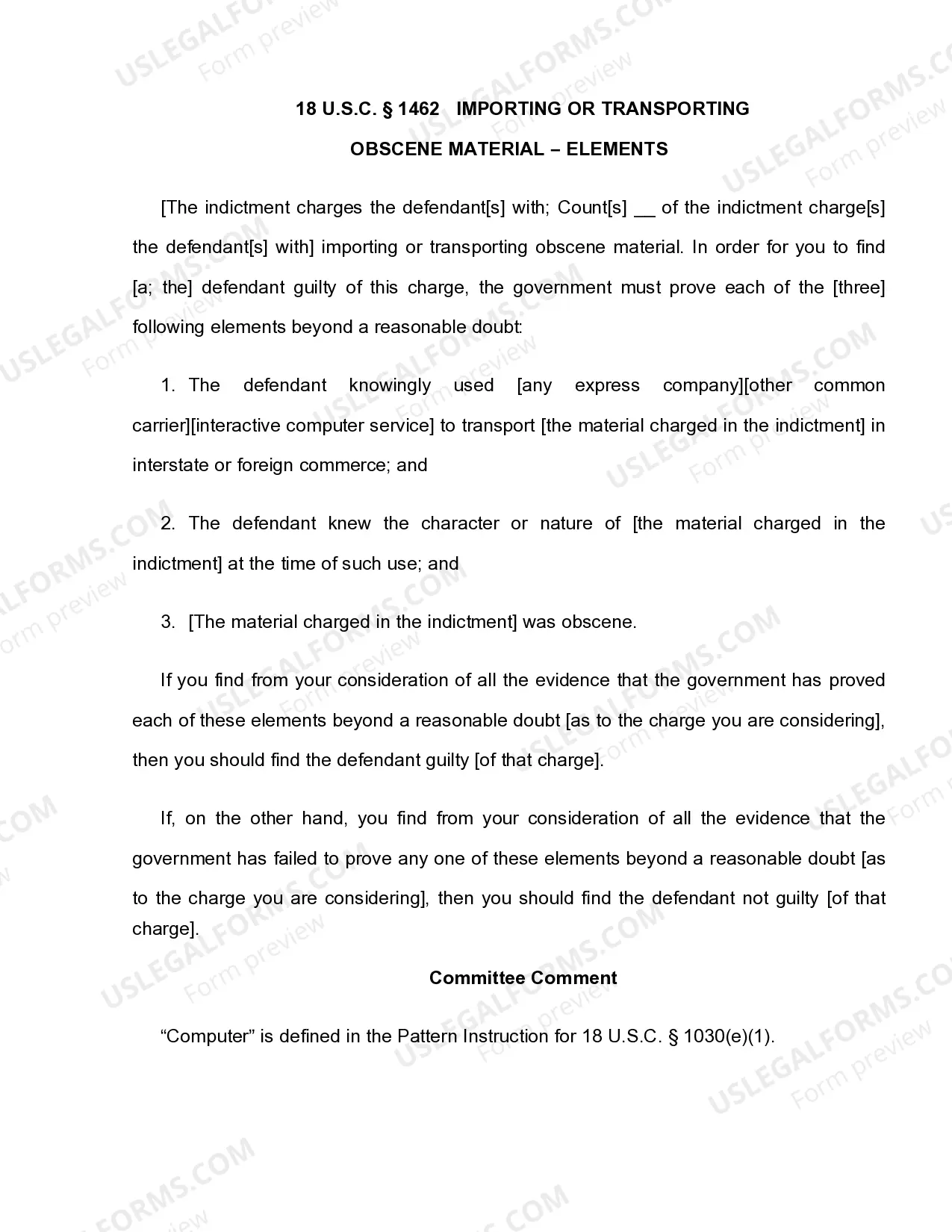 Preview 18 U.S.C. Sec. 1462 BRINGING OBSCENE MATERIAL INTO THE UNITED STATES - ELEMENTS