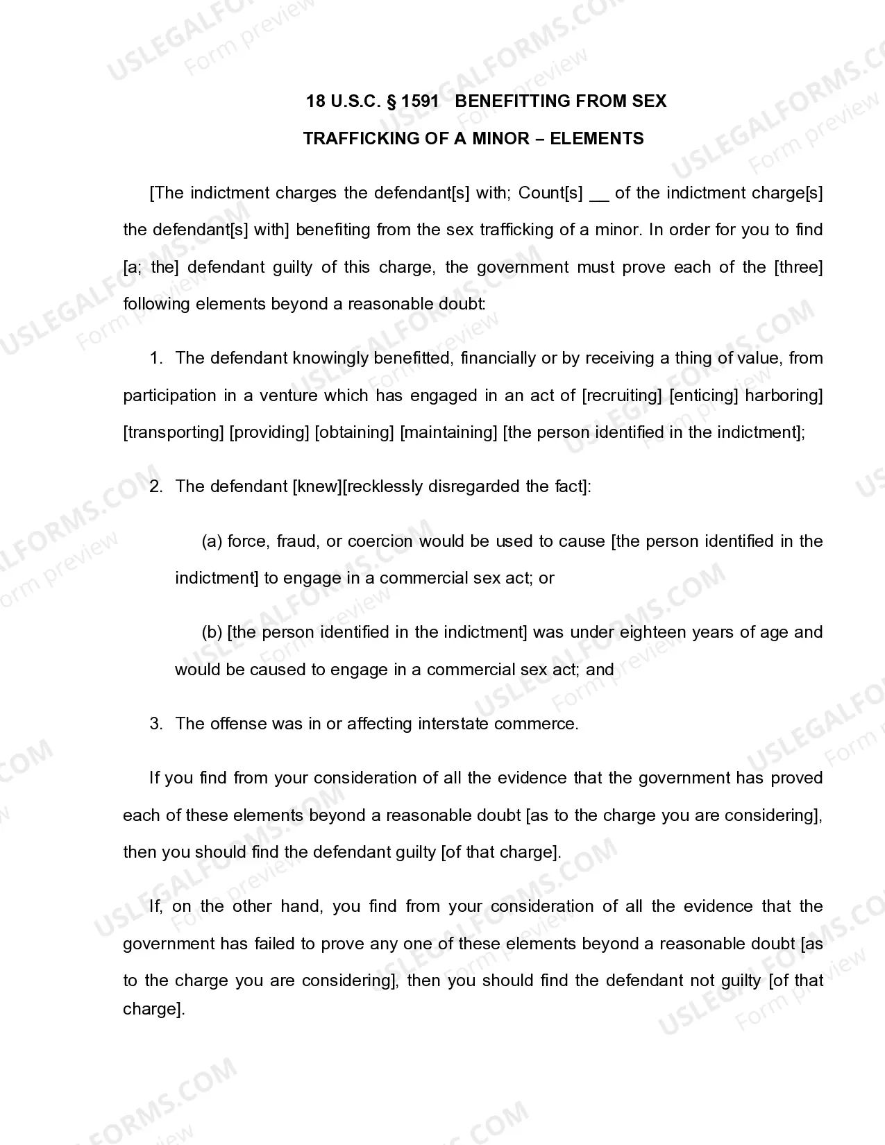 Preview 18 U.S.C. Sec. 1591 SEX TRAFFICKING OF A MINOR