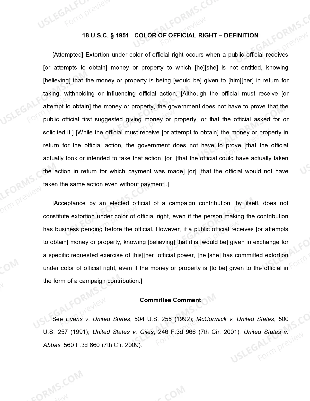 Preview 18 U.S.C. Sec. 1951 EXTORTION - NON-ROBBERY