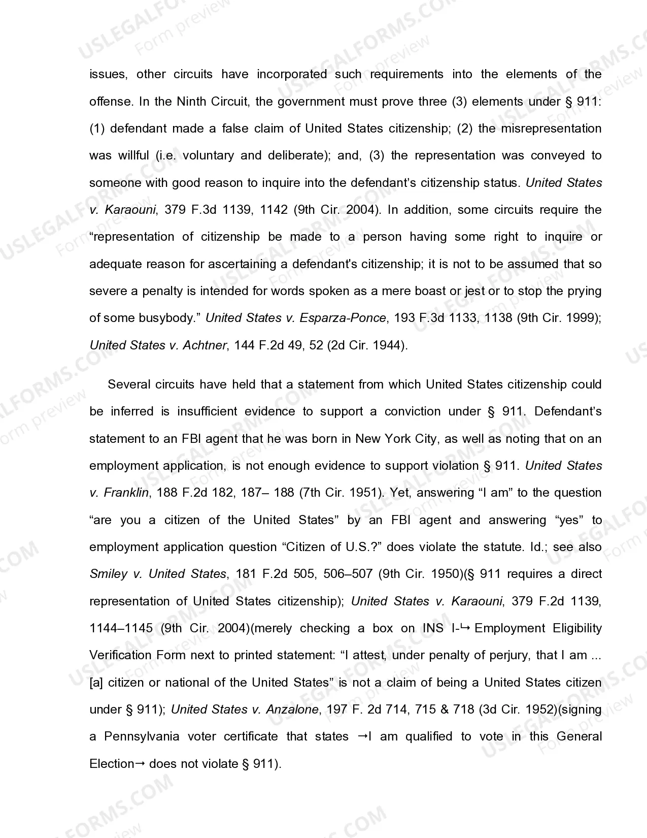 Preview 18 U.S.C. Sec. 911 REPRESENTATION OF CITIZENSHIP OF UNITED STATES