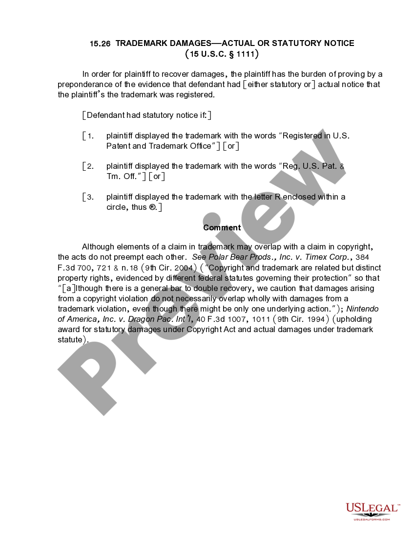 15.26 Trademark DamagesActual or Statutory Notice US Legal Forms