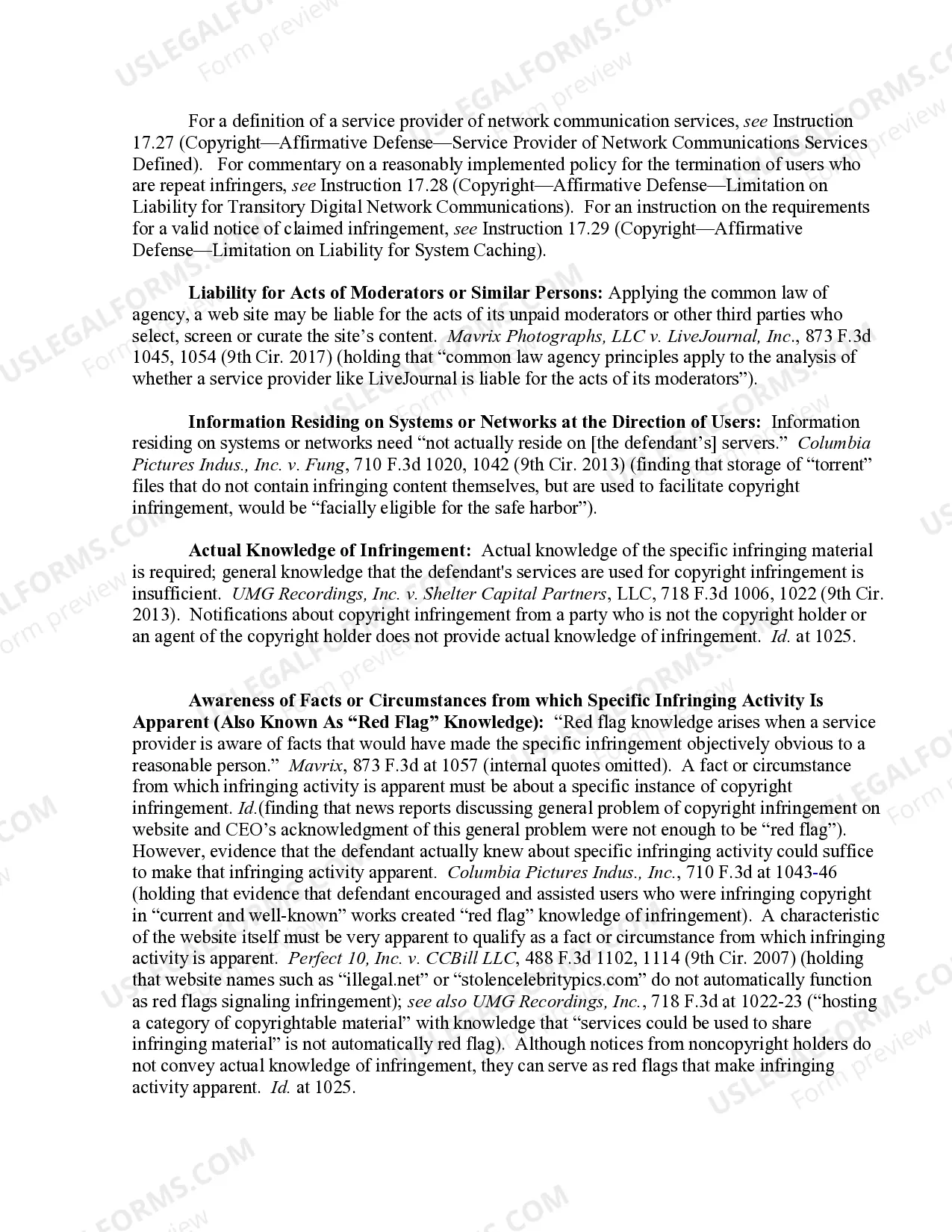 Preview 17.30 Copyright-Affirmative Defense-Limitation on Liability for Information Residing on Systems or Networks