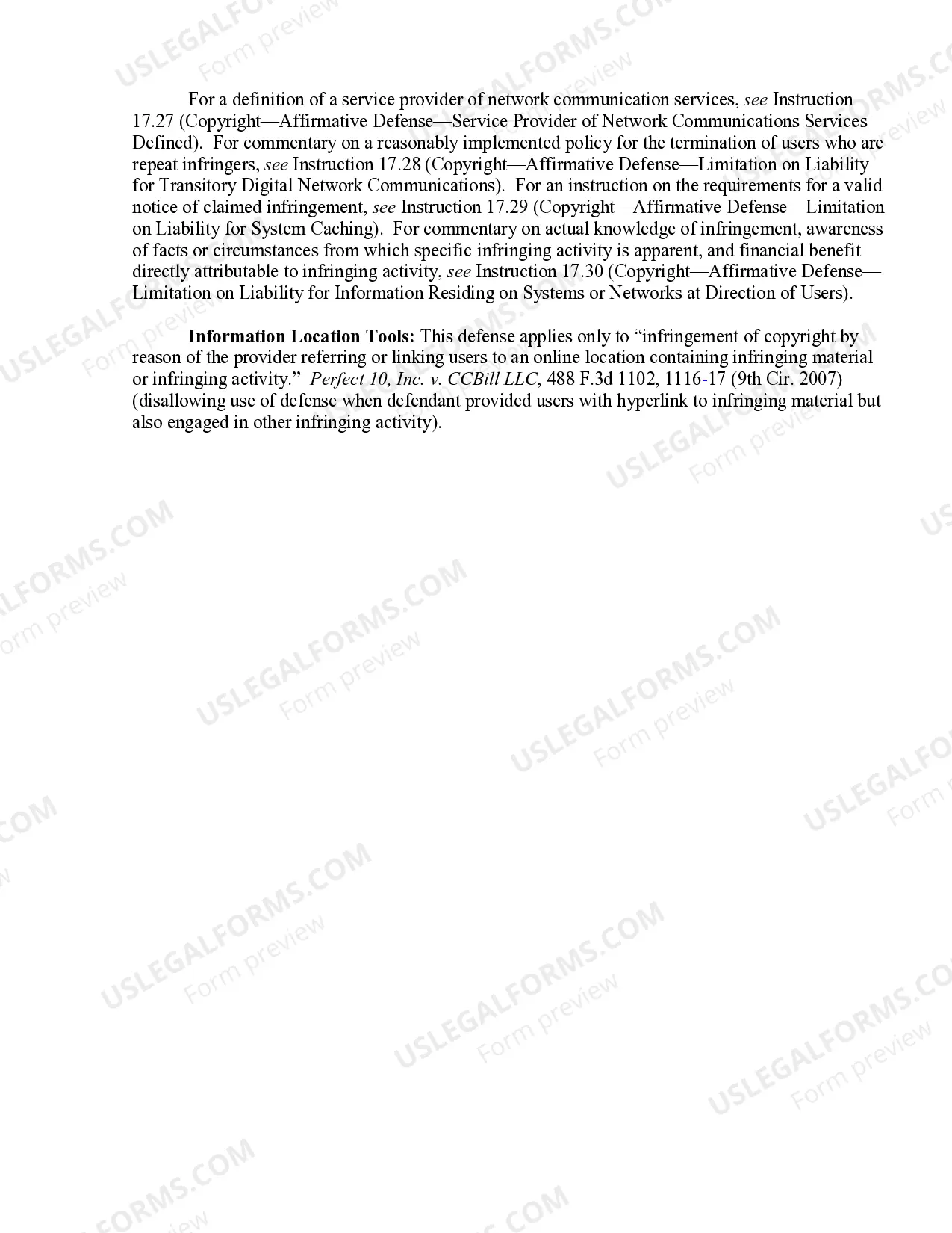 Preview 17.31 Copyright-Affirmative Defense-Limitation on Liability for Information Location Tools