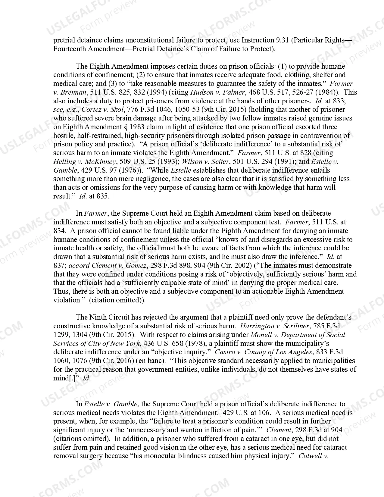 Preview 9.27 Particular Rights-Eighth Amendment- Convicted Prisoner's Claim re Conditions of Confinement/Medical Care