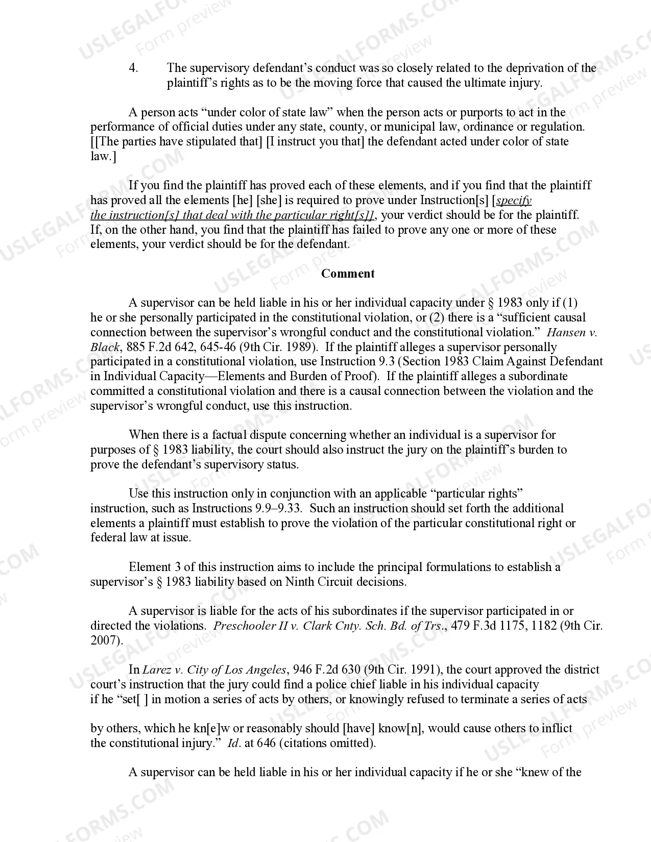 Preview 9.4 Section 1983 Claim Against Supervisory Defendant in Individual Capacity-Elements and Burden of Proof