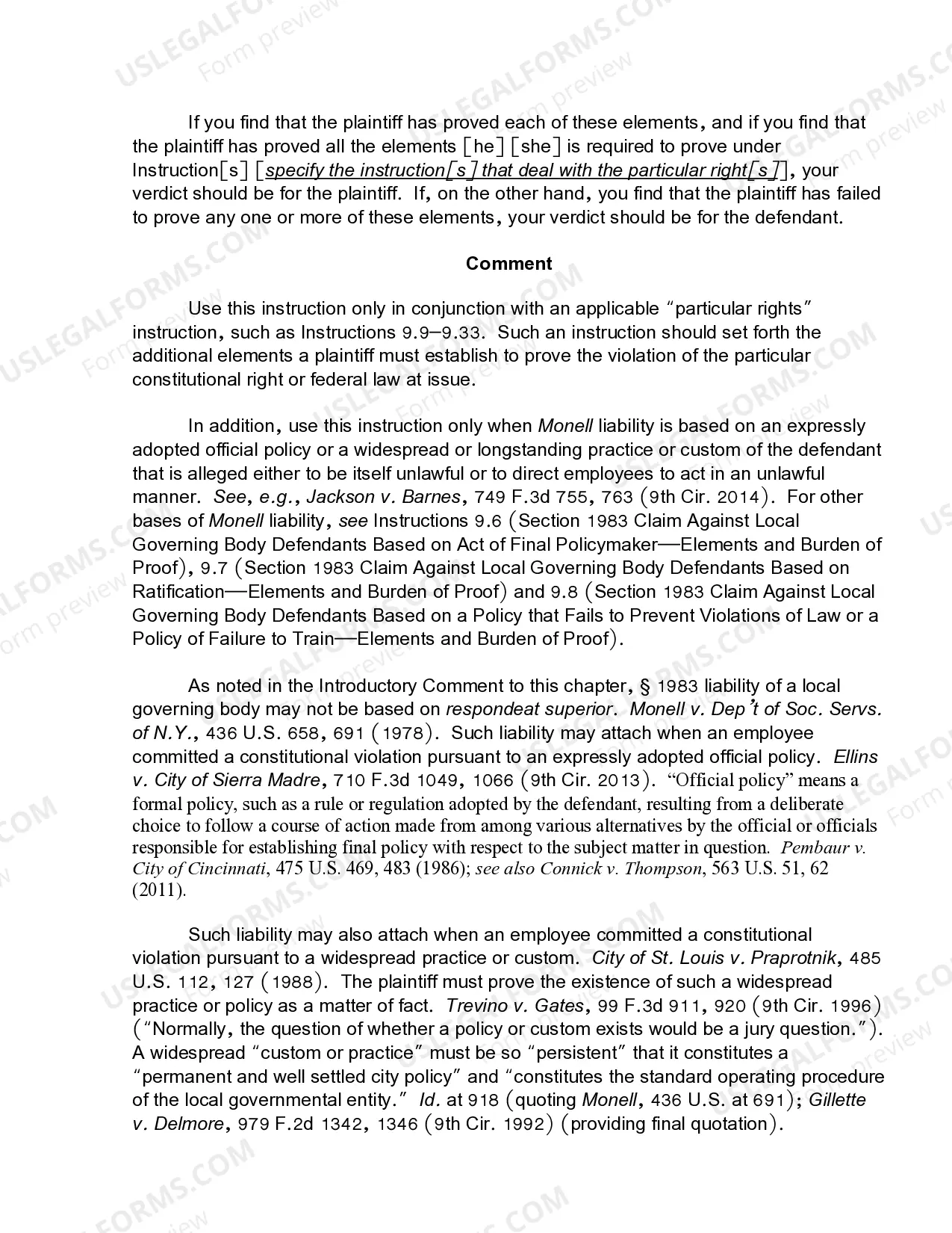 Preview 9.5 Section 1983 Claim Against Local Governing Body Defendants Based on Unlawful Official Policy, Practice, or Custom-Elements and Burden of Proof