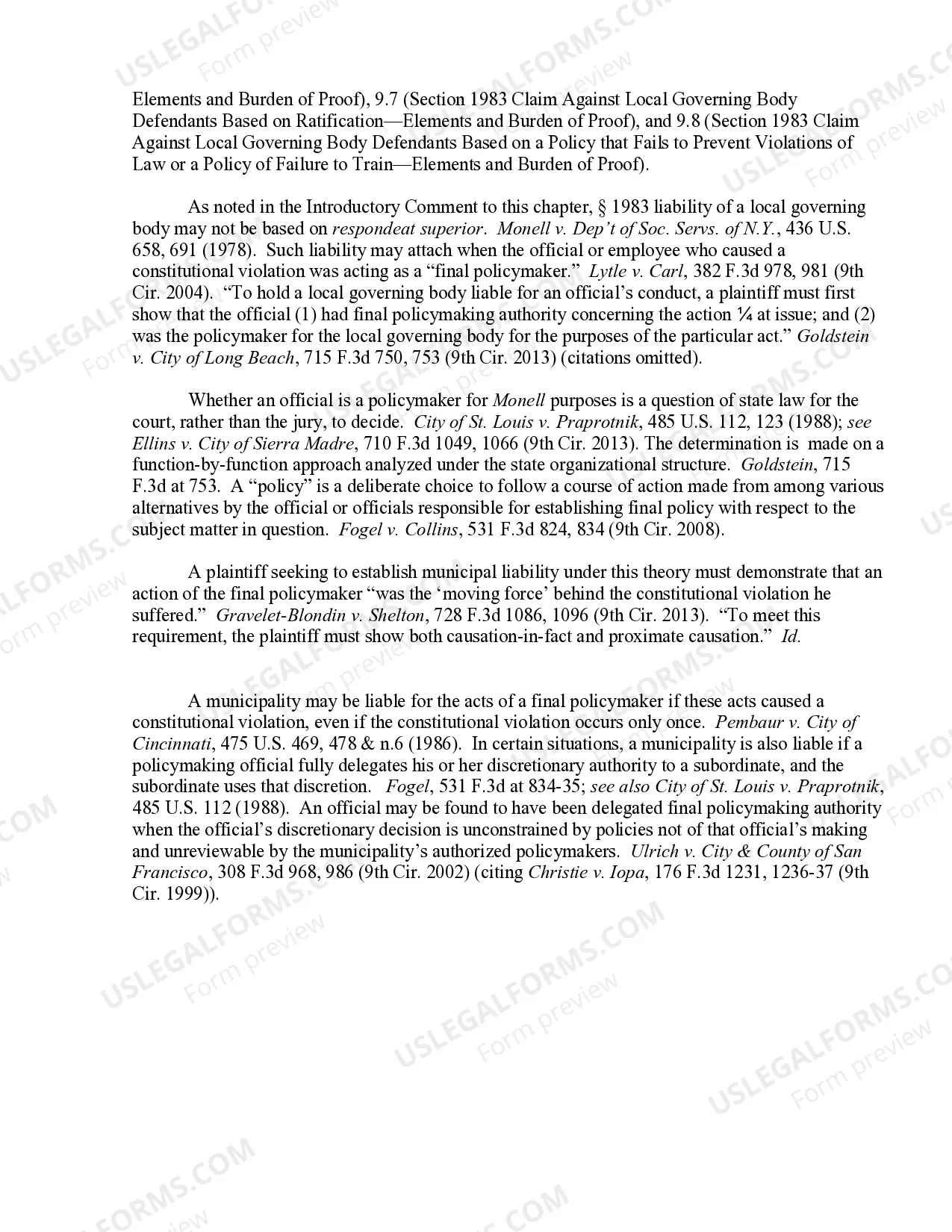 Preview 9.6 Section 1983 Claim Against Local Governing Body Defendants Based on Act of Final Policymaker-Elements and Burden of Proof