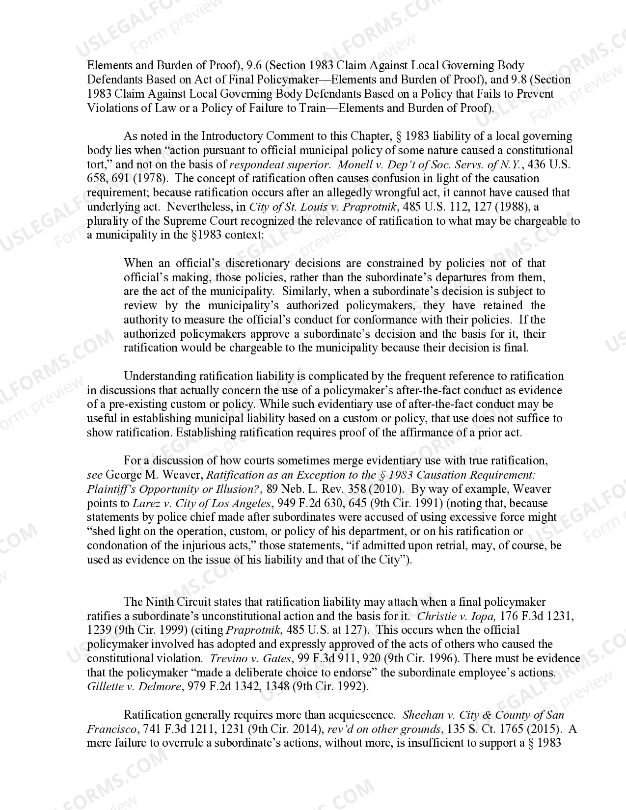Preview 9.7 Section 1983 Claim Against Local Governing Body Defendants Based on Ratification-Elements and Burden of Proof