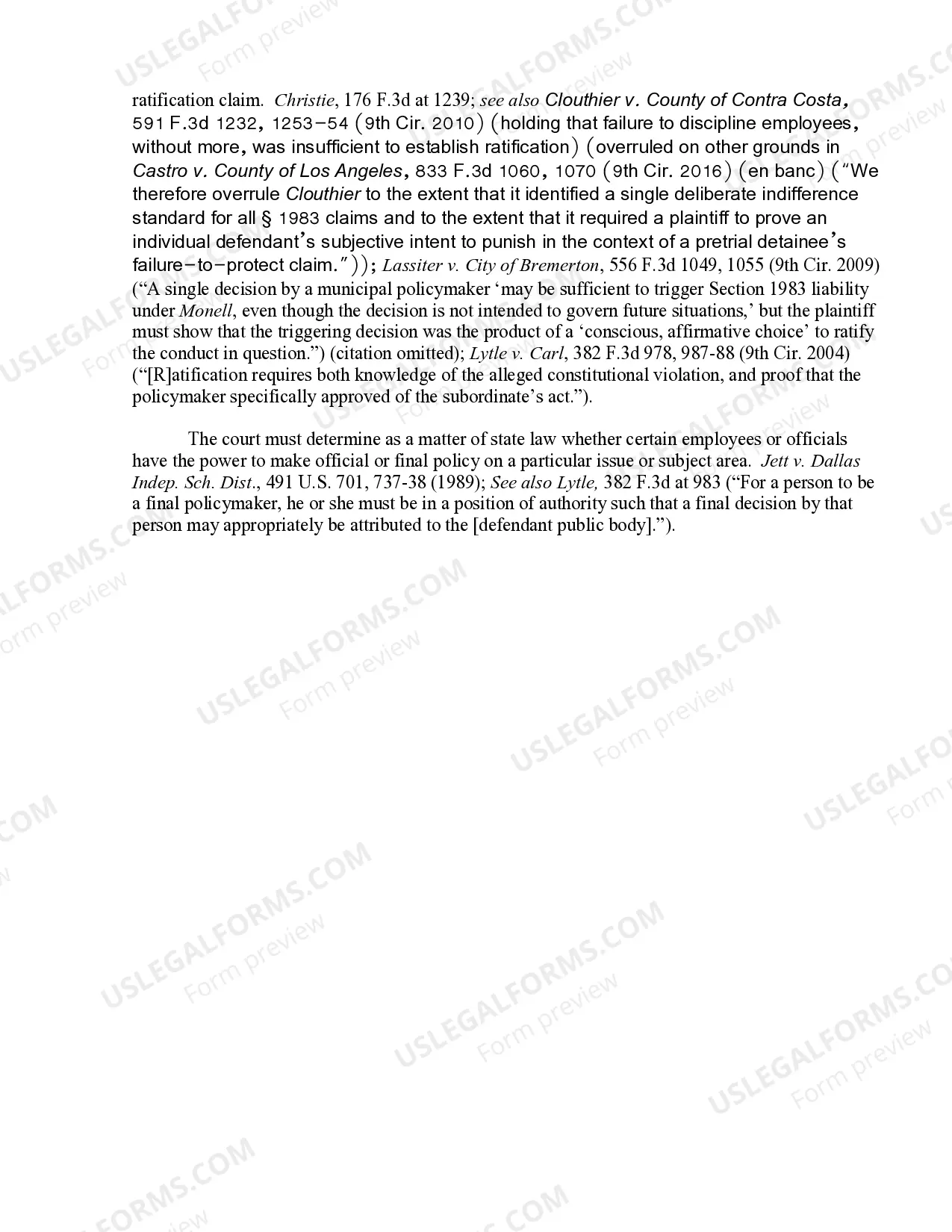 Preview 9.7 Section 1983 Claim Against Local Governing Body Defendants Based on Ratification-Elements and Burden of Proof