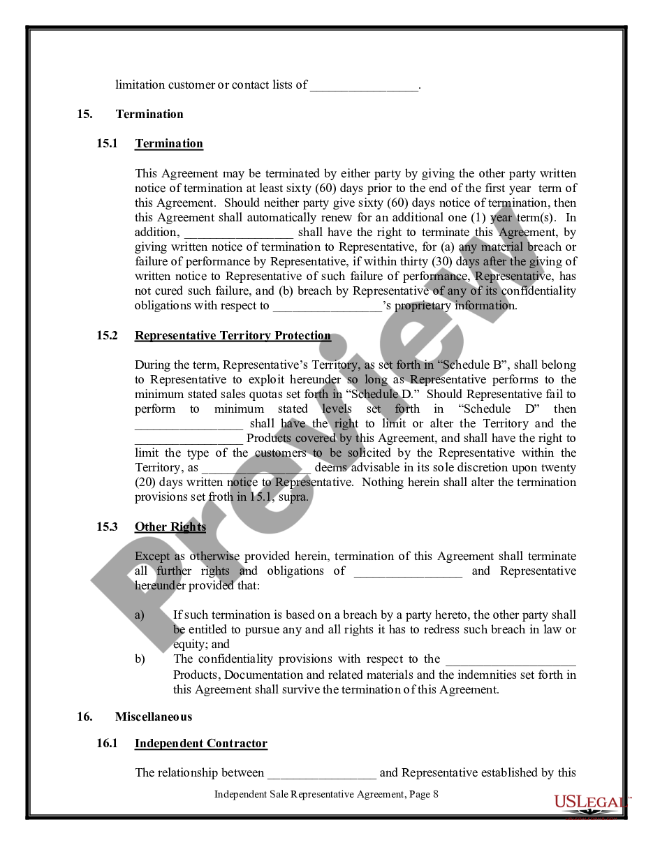 form Independent Sales Representative Agreement - Software and Computer Systems preview