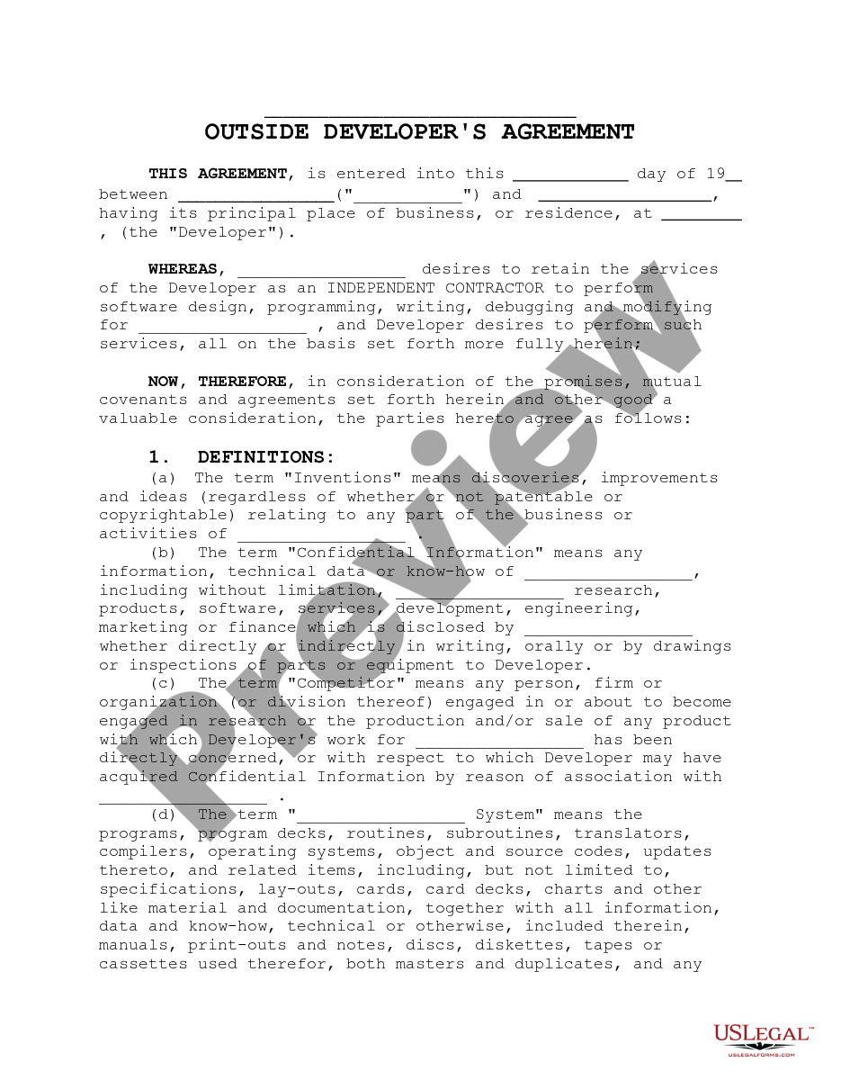 page 0 Outsider Developer's Agreement - Software Design Programming and Writing preview