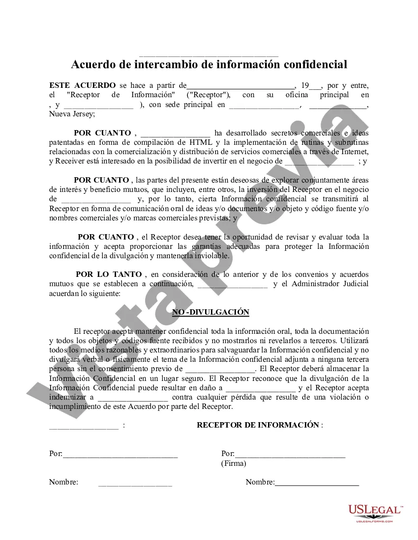 Preview Acuerdo de intercambio de información confidencial entre el proveedor de servicios del sitio web y el receptor de secretos comerciales