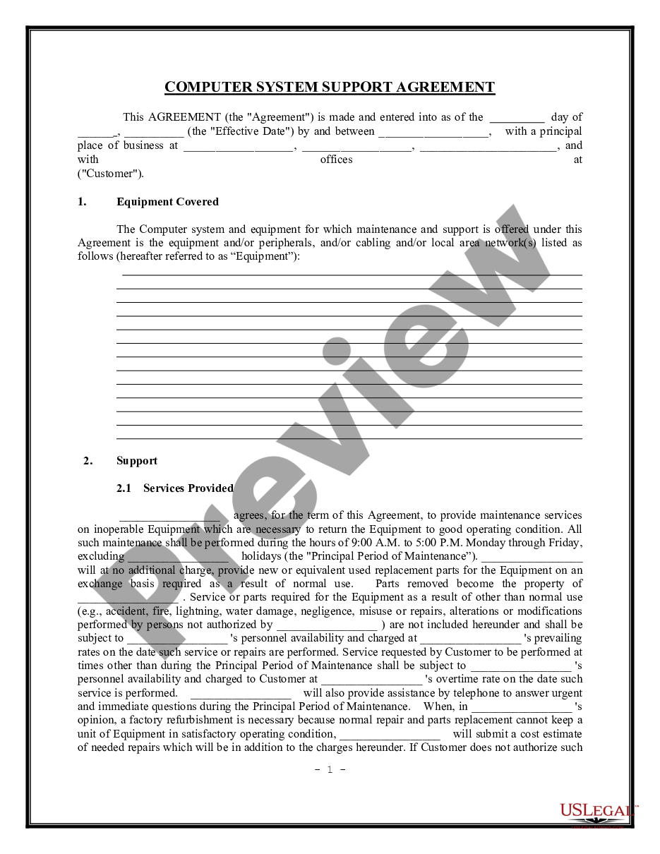 page 0 Computer System Support Agreement - Maintenance Agreement preview