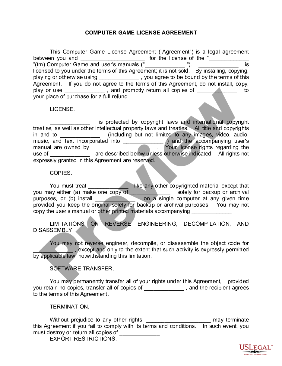 form Computer Game License Agreement preview