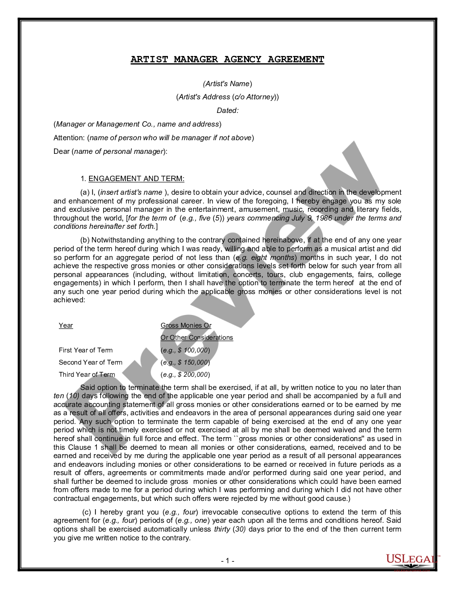 page 0 Artist Manager Agency Agreement preview