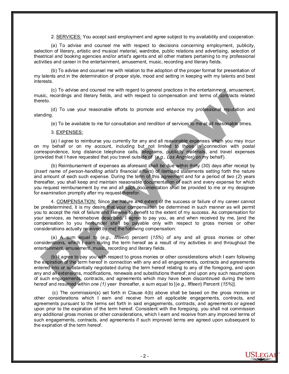 page 1 Artist Manager Agency Agreement preview