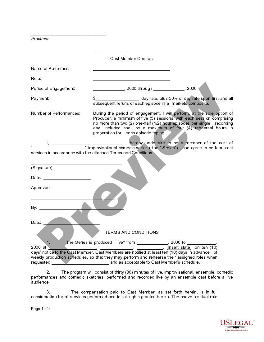 Cast Member Contract Member Contract Agreement US Legal Forms