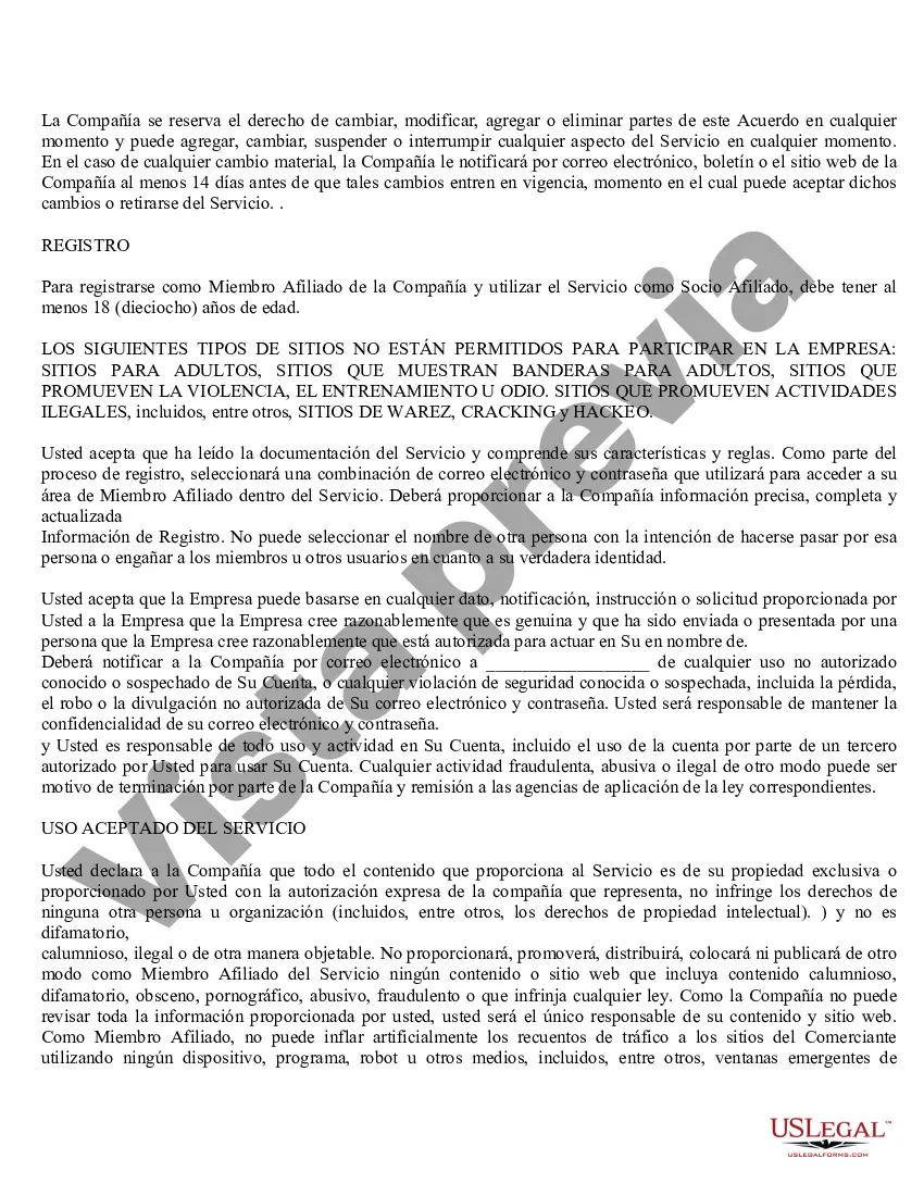 Preview Acuerdo de servicio de afiliados del sitio web