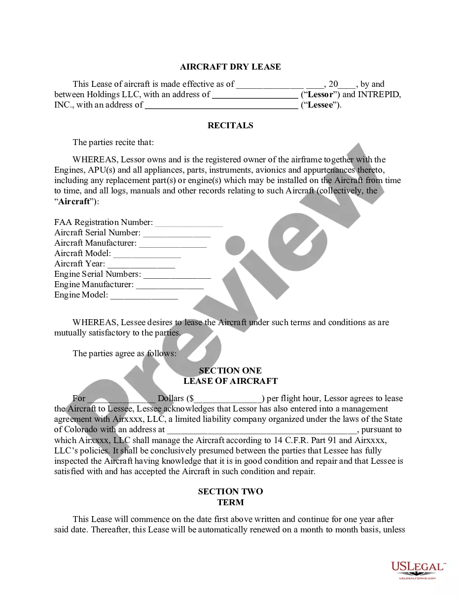Aircraft Dry Lease US Legal Forms