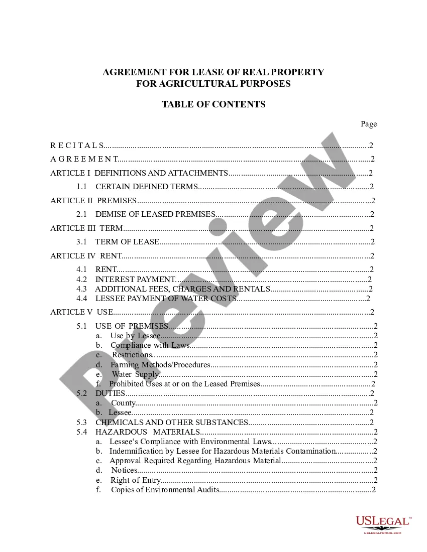 Get Agreement for Lease of Real Property For Agricultural Purposes Preview Agreement for Lease of Real Property For Agricultural Purposes