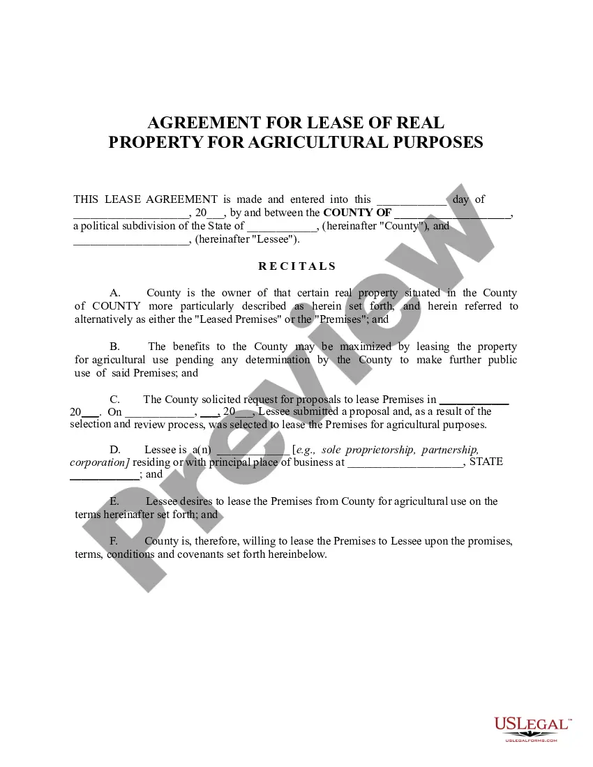 Get Agreement for Lease of Real Property For Agricultural Purposes Preview Agreement for Lease of Real Property For Agricultural Purposes
