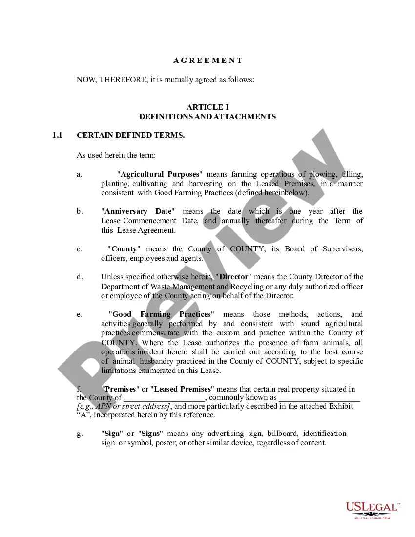 Get Agreement for Lease of Real Property For Agricultural Purposes Preview Agreement for Lease of Real Property For Agricultural Purposes