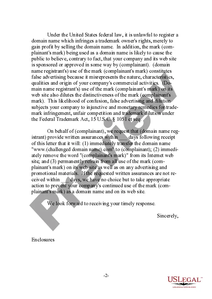 Preview Domain Name Infringement Letter