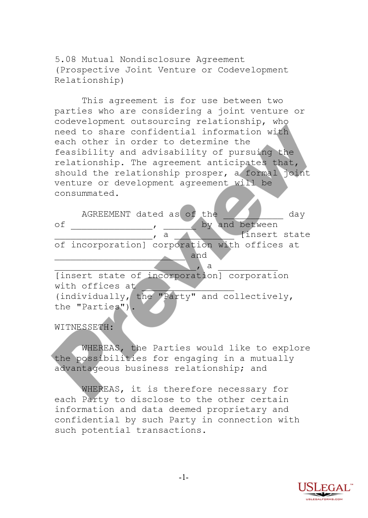 page 0 Mutual Nondisclosure Agreement - Prospective Joint Venture or Co-Development Relationship preview