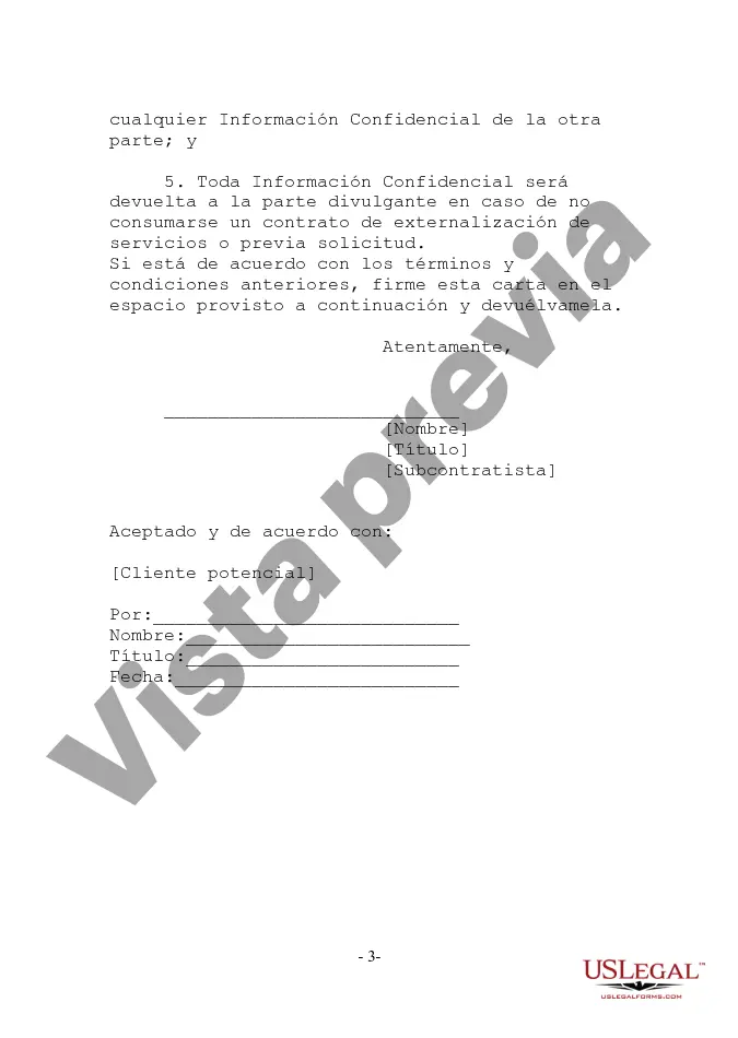 Preview Acuerdo de confidencialidad mutua - Cliente potencial de subcontratación - Formato de carta