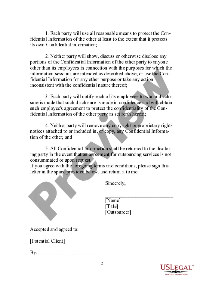 Preview Mutual Nondisclosure Agreement - Prospective Outsourcing Client - Letter Format
