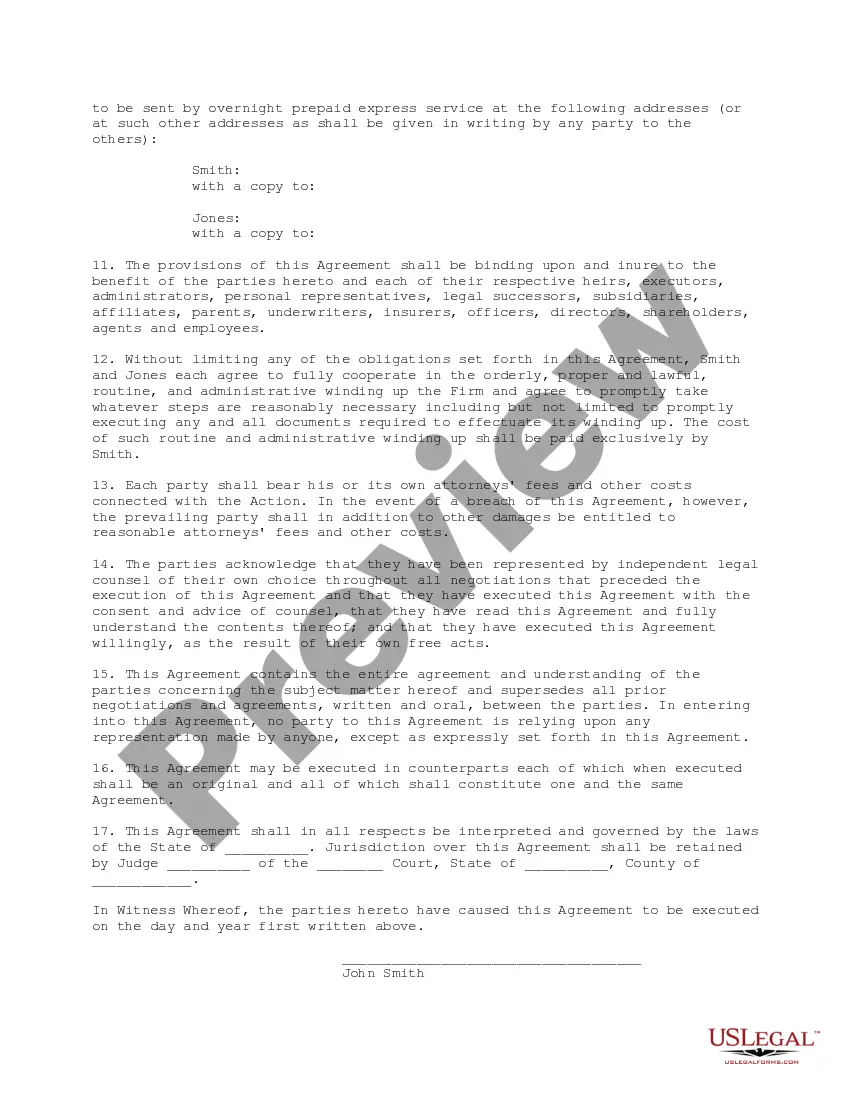Get Settlement Agreement Resolving Claims of a Small General Practice Firm Preview Settlement Agreement Resolving Claims of a Small General Practice Firm