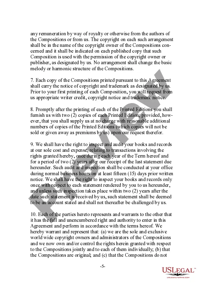 Preview Musical Compositions Publishing Letter Agreement