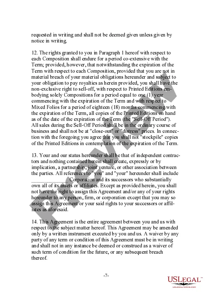 Preview Musical Compositions Publishing Letter Agreement