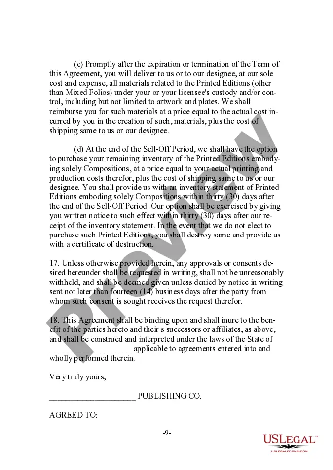 Preview Musical Compositions Publishing Letter Agreement