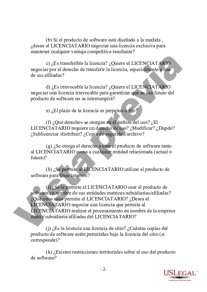 Preview Licenciatario - Lista de verificación de transacciones de licencias de software orientadas