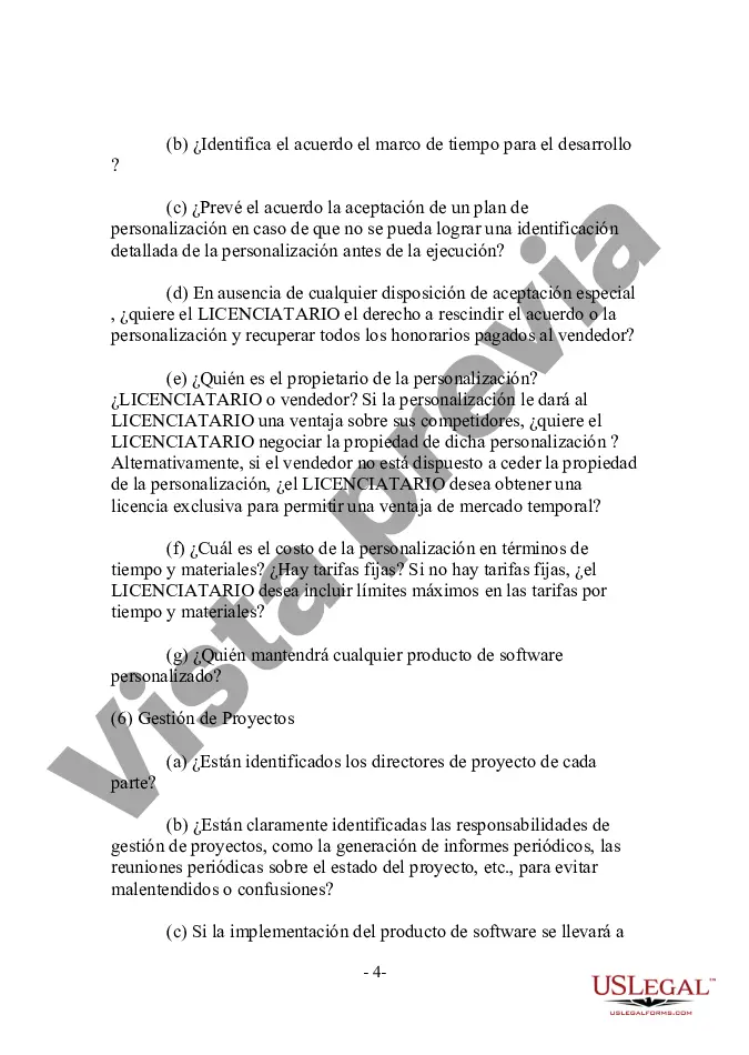 Preview Licenciatario - Lista de verificación de transacciones de licencias de software orientadas