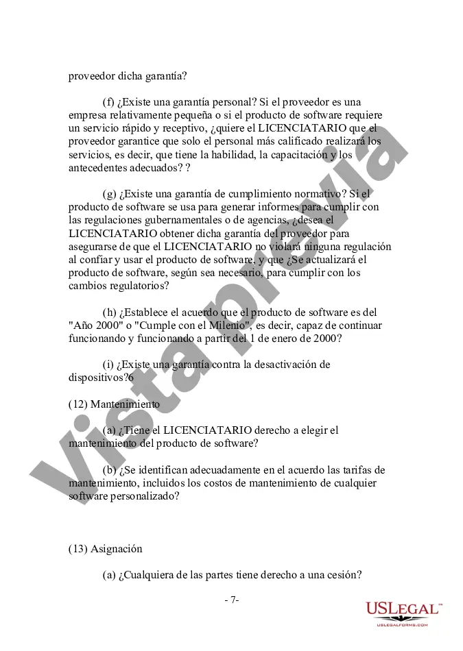 Preview Licenciatario - Lista de verificación de transacciones de licencias de software orientadas