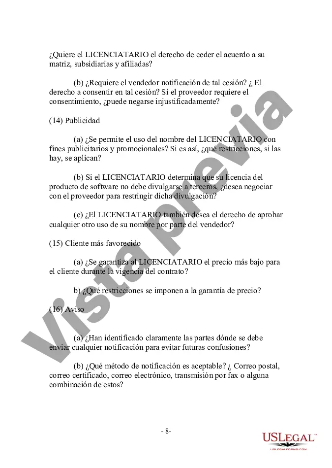 Preview Licenciatario - Lista de verificación de transacciones de licencias de software orientadas