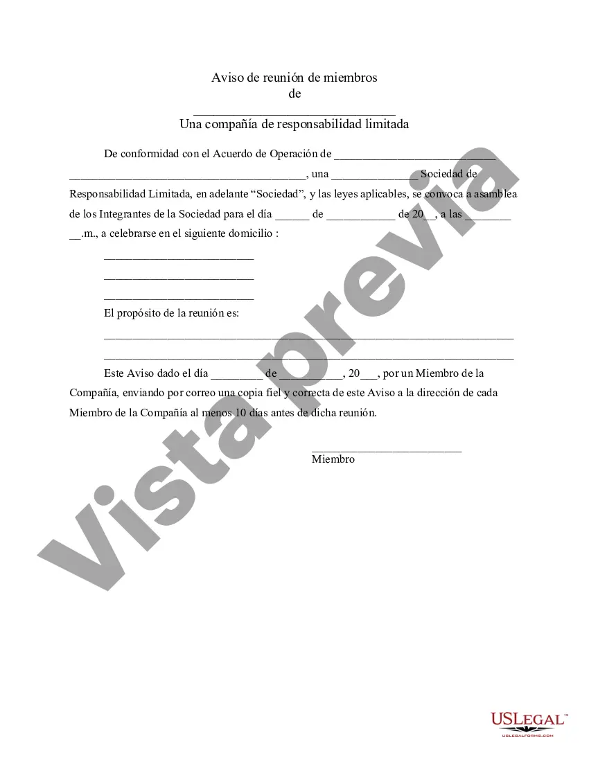 Preview Notificación de la reunión de miembros de LLC propósito de la compañía de responsabilidad limitada para ser completado
