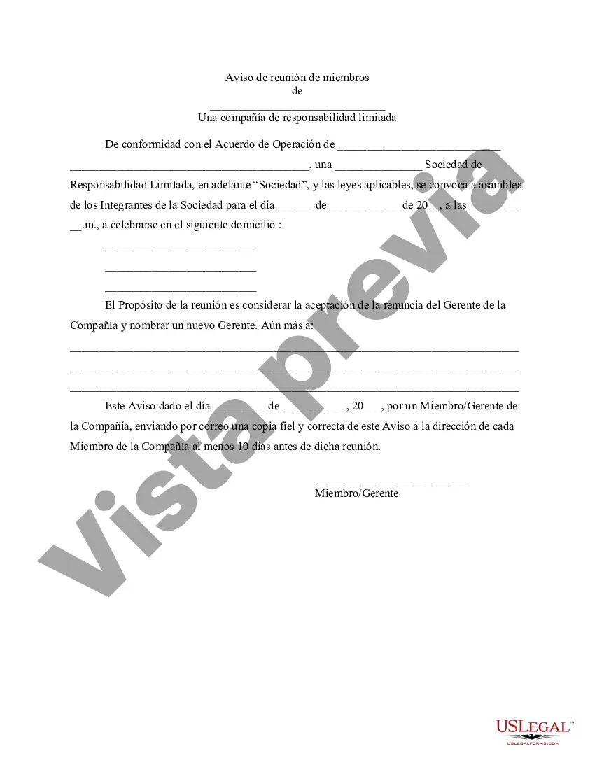 Preview Aviso de reunión de miembros de LLC Limited Liability Company para aceptar la renuncia del gerente y nombrar un nuevo gerente