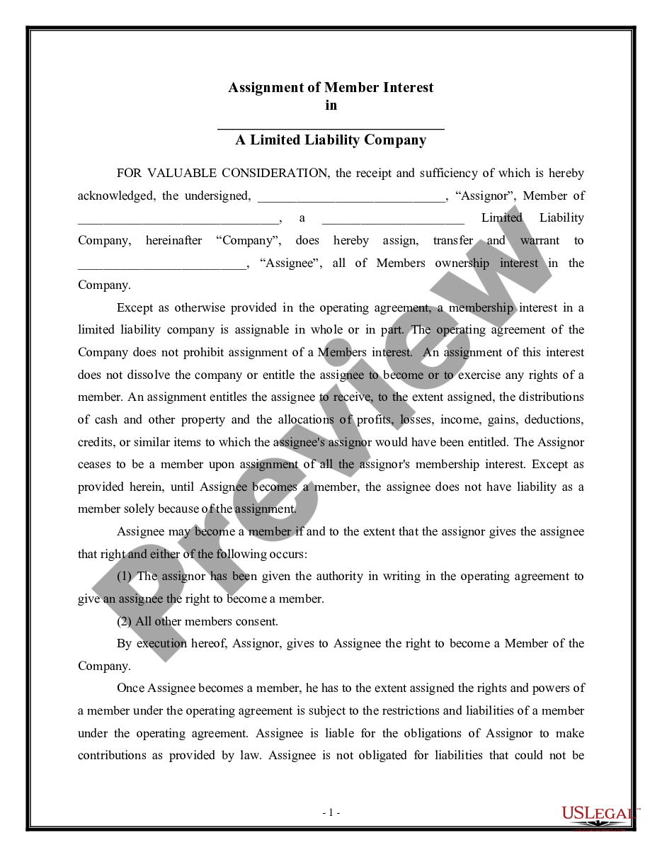 page 0 Assignment of Member Interest in Limited Liability Company - LLC preview