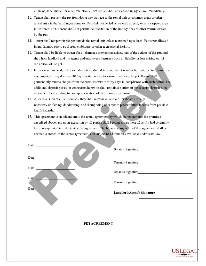 Preview Pet Agreement between Landlord and Tenant