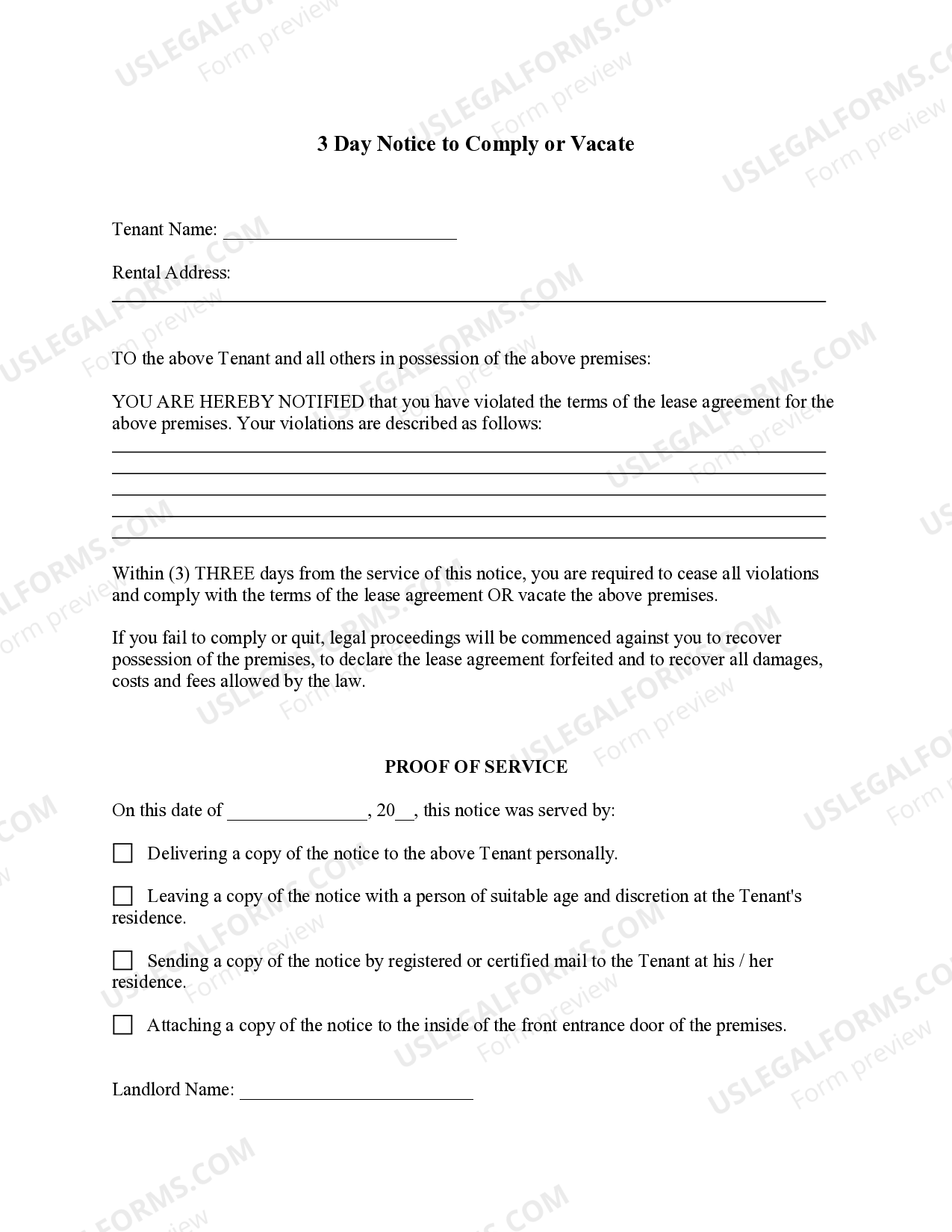 Basic 3 Day Notice to Comply or Vacate | US Legal Forms