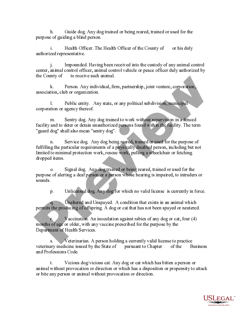 Get Ordinance Regulating the Keeping and Control of Dogs and Cats Providing for the Control and Suppression of Rabies Preview Ordinance Regulating the Keeping and Control of Dogs and Cats Providing for the Control and Suppression of Rabies