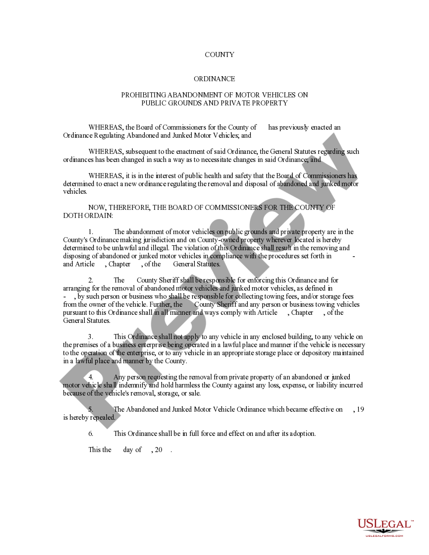 Dallas Texas Ordinance Prohibiting Abandonment of Motor Vehicles on Public Grounds and Private